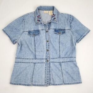 Bobbie Brooks Spring Flowers Lightweight Denim Style Button Down Top